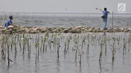 Warga memancing di dekat hutan bakau yang tersisa di pesisir Marunda, Jakarta, Selasa (27/8/2019). Tutupan hutan tersebut berakibat bertambahnya emisi karbon dioksida hingga 4,69 kilo ton. (merdeka.com/Iqbal S. Nugroho)