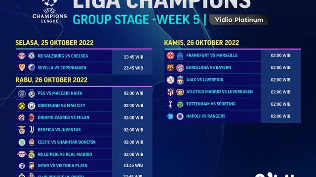 Jadwal dan Live Streaming Liga Champions 2022/2023 Pekan Kelima di Vidio, 25-27 Oktober 2022