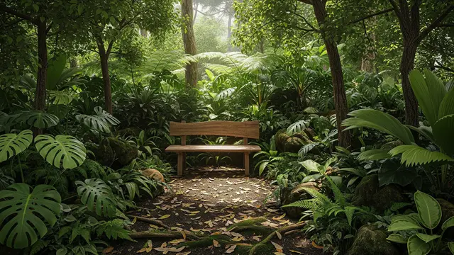 Kebun Rumah Bernuansa Hutan Mini dengan Kayu dan Tanaman Rindang