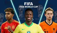 Ilustrasi bintang Piala Dunia 2026, Lamine Yamal, Vinicius Junior, Kylian Mbappe, Frenkie de Jonk (Bola.com/AFP/Gemini)