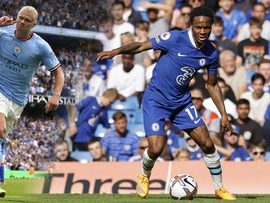 Manchester City dan Chelsea sama-sama berhasil meriah kemenangan di pekan keempat Liga Inggris pada Minggu (28/08/2022) malam WIB. Hasil tersebut tak lepas dari penampilan cemerlang para penyerang anyar mereka, yaitu Erling Haaland dan Raheem Sterling. (Foto Kolase: AP/PA/Nick Potts dan AFP/Carlos Jasso)