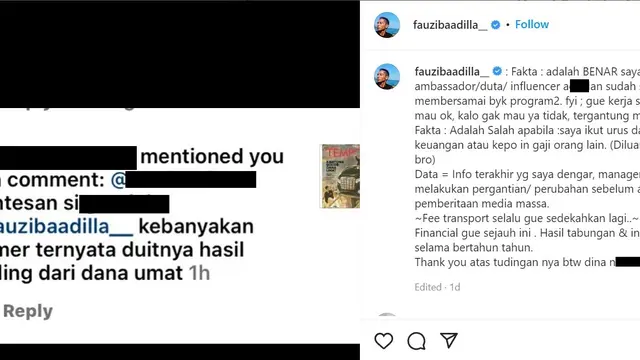 Klarifikasi Fauzi Baadilla soal tudingan keterlibatan di dugaan penyelewengan dana umat. (Instagram @fauzibaadilla__)
