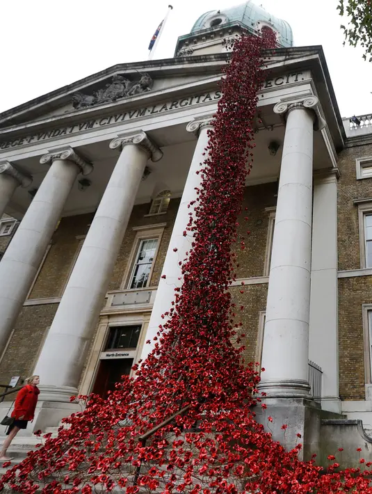 Anna Wigley mendongak ke arah karya seni bunga poppy bertajuk 'Weeping Window' di The Imperial War Museum, London, Kamis (4/10). Barisan bunga poppy itu tampak seperti darah yang mengalir dari bagian atas kastil. (AP Photo/Kirsty Wigglesworth)