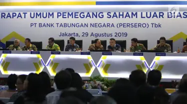 Suasana Rapat Umum Pemegang Saham Luar Biasa (RUPSLB) di Menara Bank BTN, Jakarta, Kamis (29/8/2019).  Dalam RUPSLB tersebut terdapat tiga agenda yang dibahas yaitu evaluasi kinerja semester I 2019, akuisisi Perusahaan Modal Ventura dan perubahan susunan pengurus bank. (Liputan6.com/Angga Yuniar)