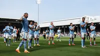 Manchester City meraih kemenangan 4-0 atas Fulham pada laga pekan ke-37 Premier League musim ini di&nbsp;Craven Cottage, London, Sabtu (11/5/2024) malam WIB. (AFP/Adrian Dennis)