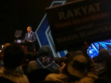 Ketua Umum Partai Demokrat, Agus Harimurti Yudhoyono (AHY) menyampaikan pidato politik di Jakarta Convention Center, Selasa (6/2/2024). (Liputan6.com/Angga Yuniar)