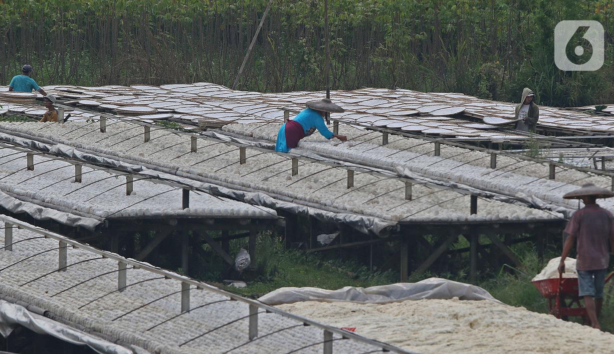Pekerja menjemur tepung tapioka di industri rumahan kawasan Legok Nyenang, Kadumanggu, Kabupaten Bogor, Jawa Barat, Minggu (1/8/2021). Industri rumahan pembuatan tepung tapioka ini berada di luas lahan 1,5 hektare. (Liputan6.com/Herman Zakharia)