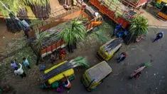 Orang-orang membeli tebu yang akan digunakan secara luas pada festival panen Makar Sankranti di pasar grosir di Bangalore, India, Rabu (12/1/2022). Makar Sankranti adalah sebuah perayaan Hindu yang dirayakan hampir seluruh bagian India dan Nepal dalam bentuk kebudayaan. (MANJUNATH KIRAN/AFP)