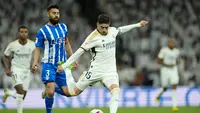 Sedangkan tiga gol Los Blancos lainnya masing-masing diciptakan oleh Jude Bellingham, Federico Valverde, dan Arda Guler. (AP Photo/Jose Breton)