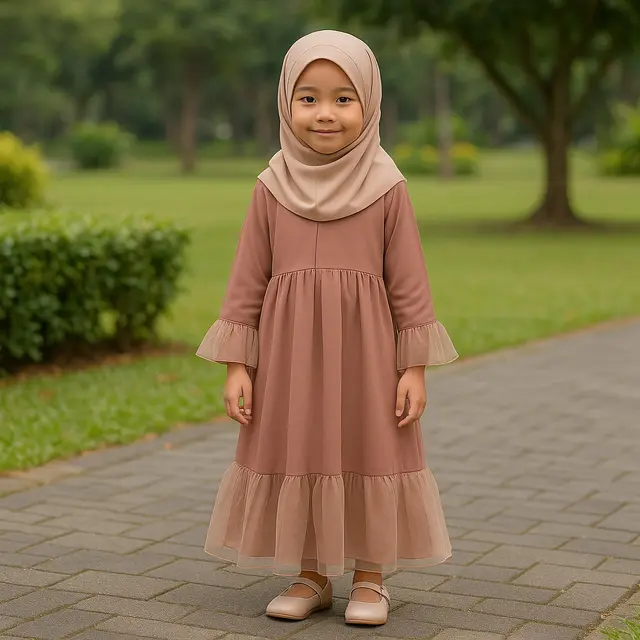 Model Anak perempuan Memakai Abaya Aksen Tile Transparan/Gambar Via ChatGPT