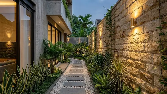 Lorong Hijau Minimalis dengan Batu Alam dan Tanaman Linear