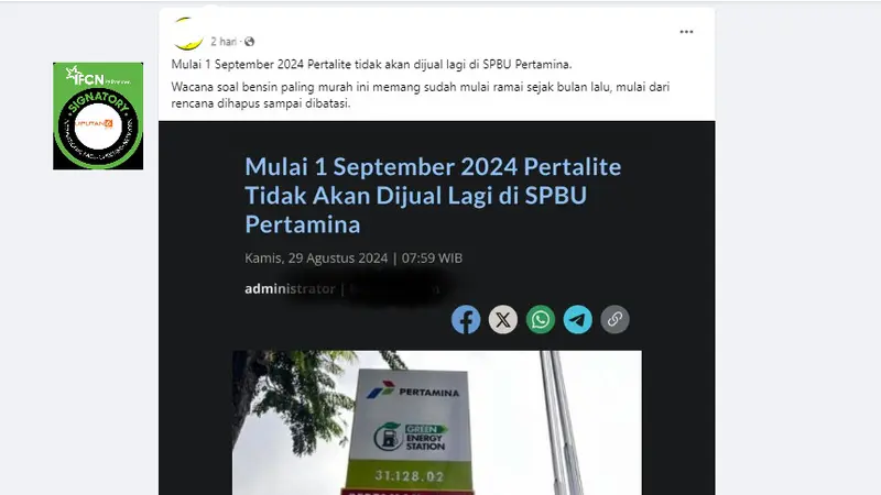 Tangkapan layar klaim mulai 1 September 2024 Pertalite tidak dijual lagi di SPBU Pertamina,