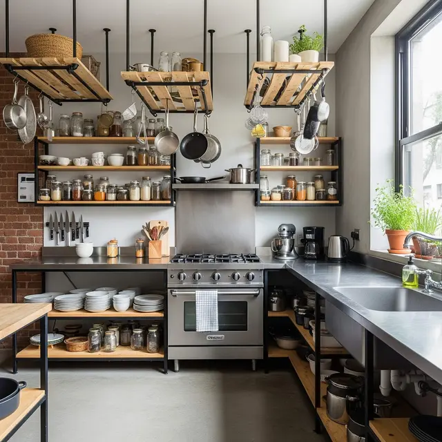 Desain Dapur Industrial dengan Kombinasi Kayu dan Besi