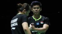 Ekspresi Praveen Jordan/Melati Daeva Oktavianti pada babak ketiga Kejuaraan Dunia Bulutangkis 2019, di Basel, Swiss, Kamis (22/8/2019). (PBSI)