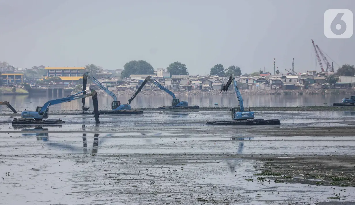 Alat berat mengeruk lumpur di Waduk Pluit, Jakarta, Rabu (30/10/2019). Waduk Pluit dikeruk untuk mengeluarkan lumpur yang mengendap pada bagian dasar. (Liputan6.com/ Faizal Fanani)