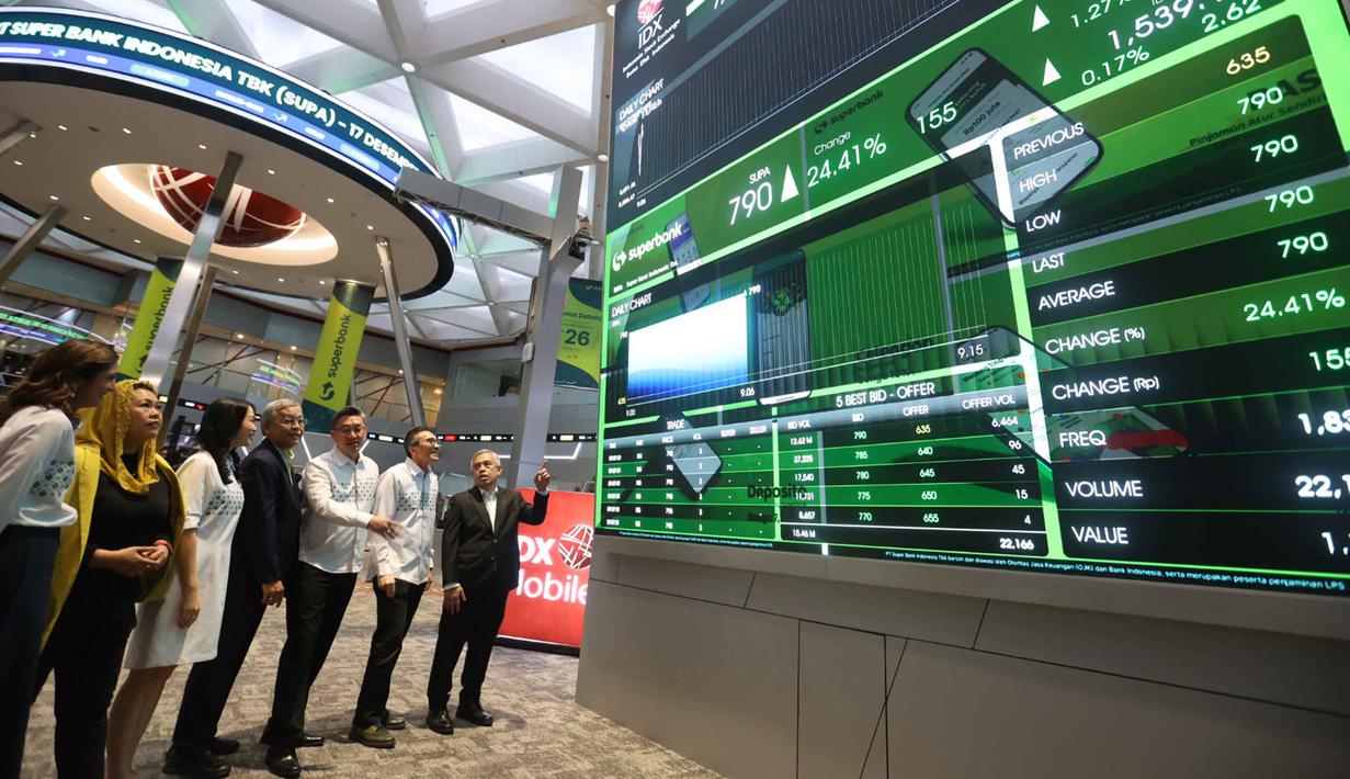 Dengan dukungan pemegang saham dan mitra ekosistem yang kuat, kami semakin siap memperluas akses kredit, mempercepat inovasi produk. Tampak dalam foto, Direktur Pengawasan Transaksi dan Kepatuhan Bursa Efek Indonesia (BEI), Kristian Manullang (kanan) bersama Presiden Direktur Superbank, Tigor M. Siahaan (kedua kanan) menyaksikan layar monitor yang menampilkan pencatatan perdana saham PT Super Bank Indonesia Tbk (SUPA) di Bursa Efek Indonesia (BEI), Rabu (17/12/2025). (Kapanlagi.com/Budy Santoso)