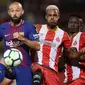 Bek Barcelona, Javier Mascherano, mengamankan bola dari bek Girona, Jonas Ramalho, pada laga La Liga Spanyol di Stadion Montilivi, Girona, Sabtu (23/9/2017). Girona kalah 0-3 dari Barcelona. (AFP/Josep Lago)