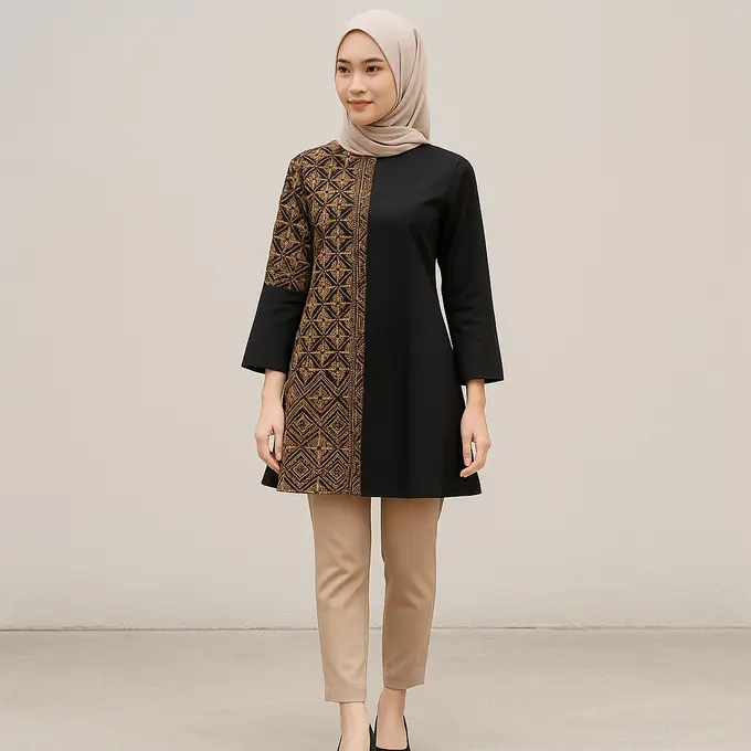 Tunik Batik A-Line Motif Kombinasi Pola Etnik dan Plain yang Bisa Membuat Penggunanya Tampak Ramping/Via Chat GPT
