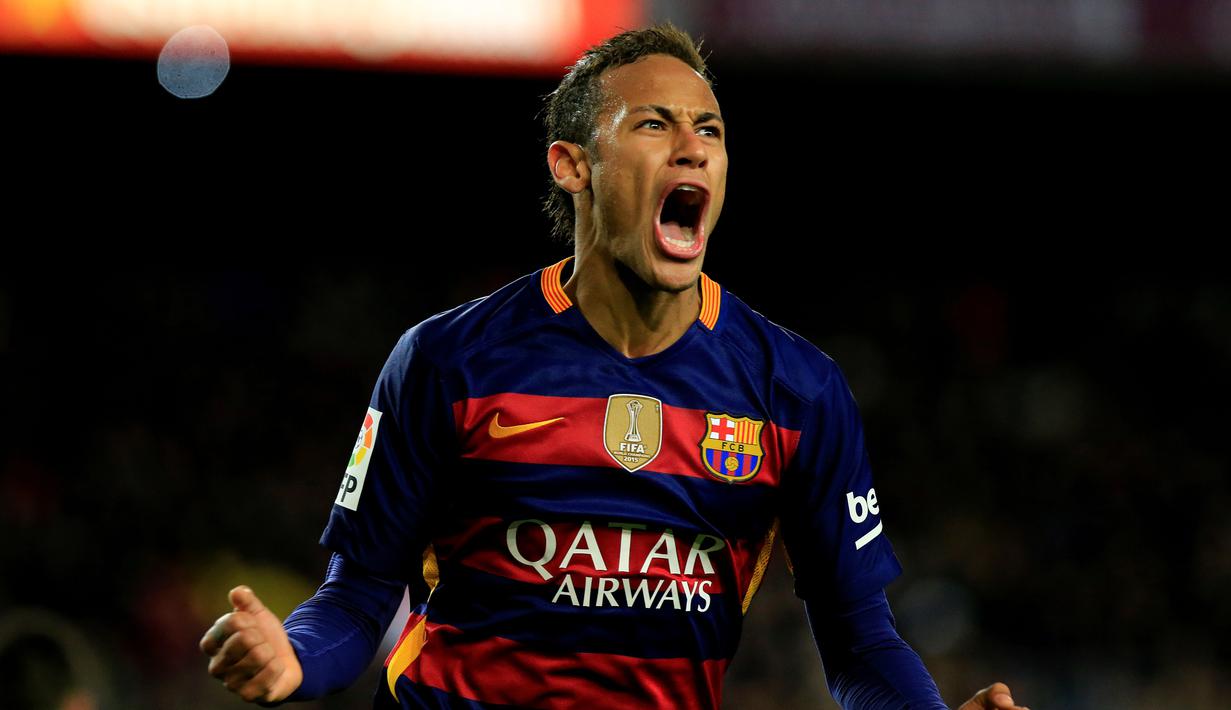 Ekspresi pemain Barcelona, Neymar, setelah mencetak gol ke gawang Espanyol dalam laga Copa del Rey di Stadion Camp Nou, Barcelona, (6/1/2016). (AFP/Pau Barrena)