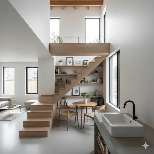 Model Rumah Kecil Mezzanine dengan Rak Tangga Multifungsi