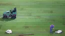 Pekerja melakukan pengilasan rumput di Stade Pierre Mauroy, Lille, Prancis, (23/6). Jelang laga 16 besar dan final Piala Euro 2016 pihak penyelenggara memanfaatkan waktu rehat dua hari untuk memperbaiki rumput lapangan bola. (REUTERS/Carl Recine)