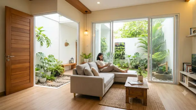 Desain Rumah 6x12 Meter Model Inner Courtyard yang Tetap Nyaman dan Terasa Luas Model Integrasi Ruang Tamu dan Taman Belakang Tanpa Dinding Pemisah