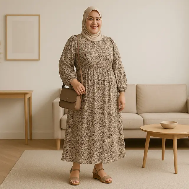 Inspirasi Model Gamis Motif Kecil Terbaru untuk Ibu Ibu Gemuk/via ChatGPT