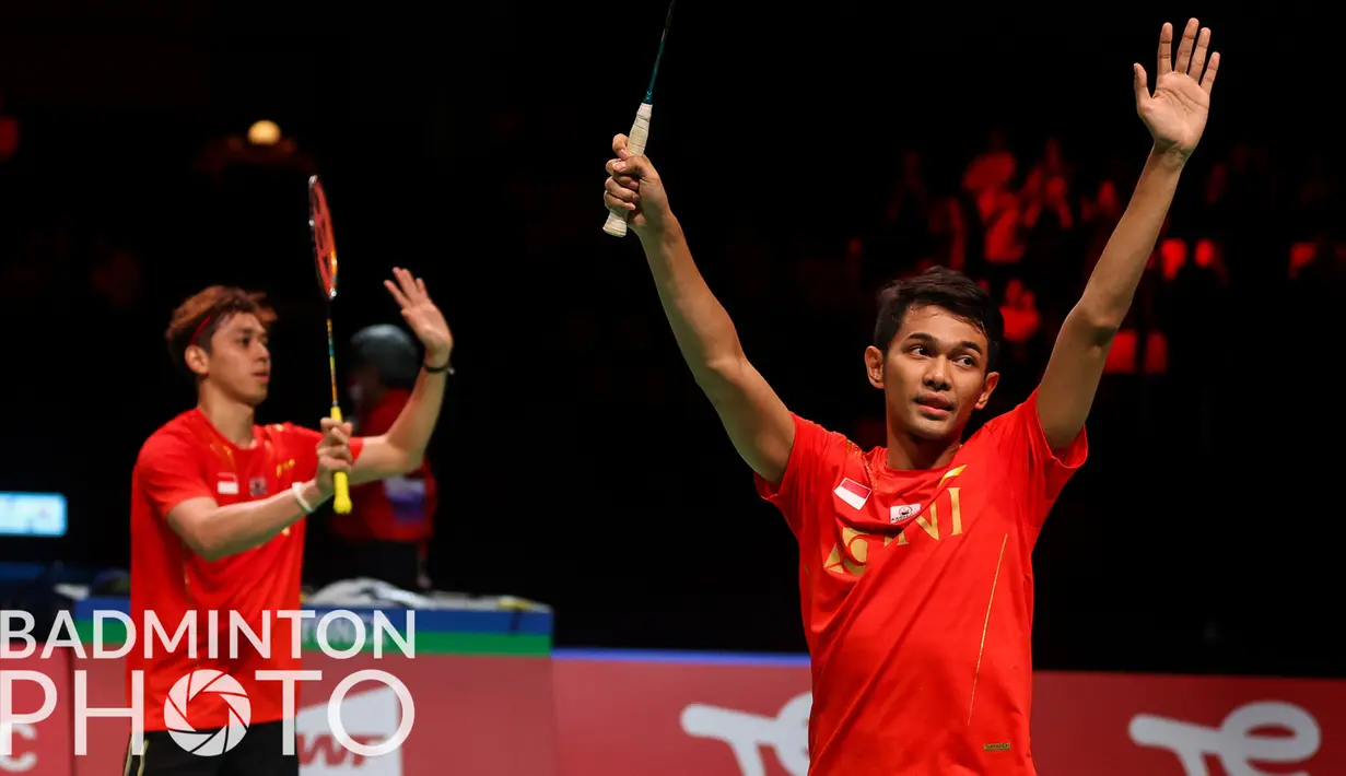 Ganda putra Indonesia, Fajar Alfian/Muhammad Rian Ardianto, memastikan Indonesia melangkah ke final Piala Thomas 2020 setelah memastikan kemenangan 3-1 atas Denmark. (Badminton Photo/Yohan Nonotte)