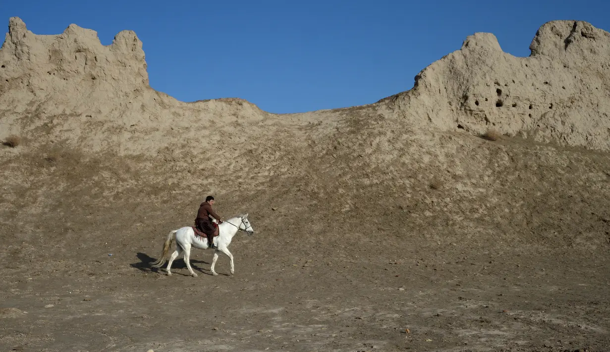 Seorang penunggang kuda bersiap untuk mengikuti pertandingan olahraga tradisional Buzkashi di Mazar-i-Sharif, Afghanistan (20/12). Olahraga Buzkashi ini sering dibandingkan dengan polo, karena sama-sama dimainkan ditas kuda. (AFP/Farshad Usyan)