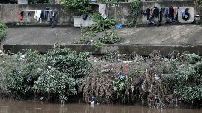 Jemuran baju milik warga yang basah akibat banjir terlihat di pinggir Kanal Banjir Barat (KBB), Jakarta, Rabu (8/1/2020). (merdeka.com/Iqbal S Nugroho)