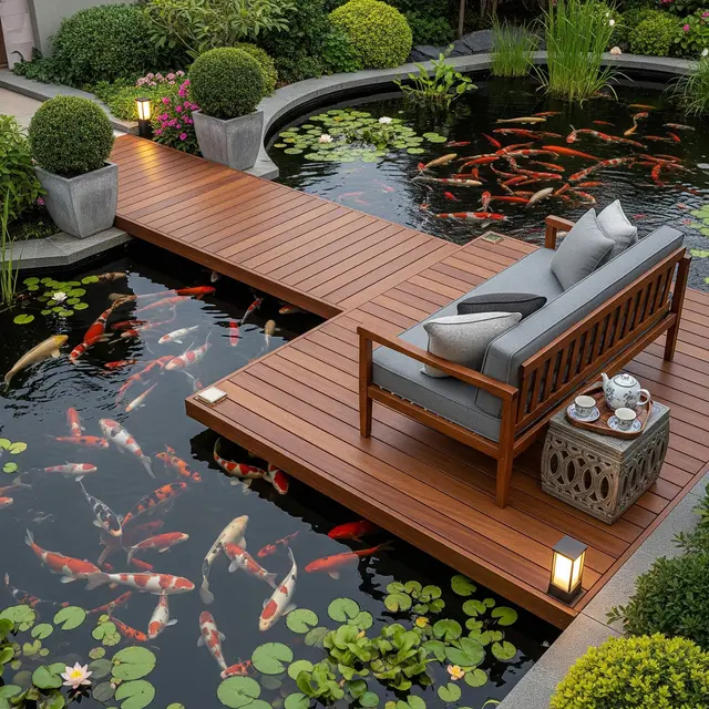 Kolam Ikan dengan Dek Kayu Pelindung dan Bangku Santai (Gemini AI)