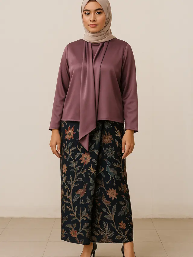 Model Tunik Polos Berbahan Satin Dipadukan dengan Rok Lilit Motif Etnik (Foto: ChatGPT)