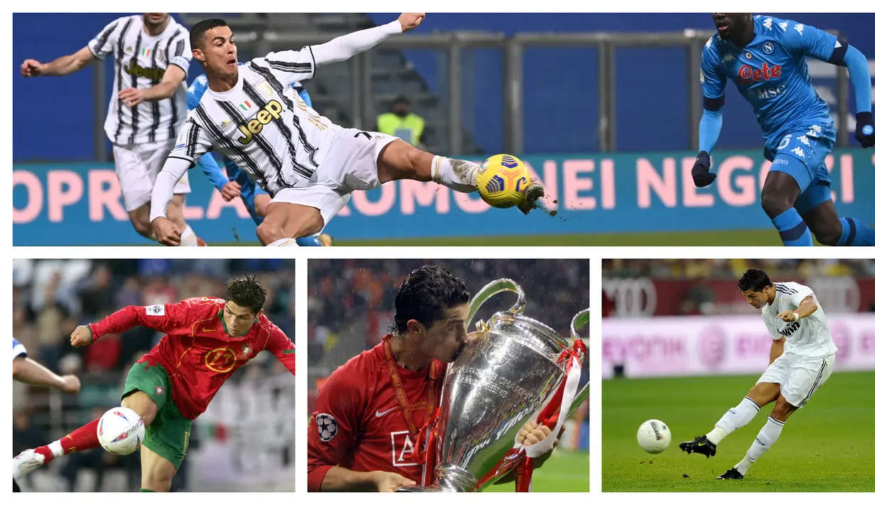 760 gol Ronaldo tercipta dalam total 1040 pertandingan resmi yang pernah ia lakoni bersama berbagai tim, mulai dari Sporting CP, Manchester United, Real Madrid, Juventus, hingga tim nasional Portugal. (Foto: AFP & AP)