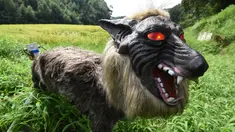 Robot Super Robot Wolf berdiri di sebuah sawah saat diperkenalkan di Kisarazu, prefektur Chiba, Jepang, 25 Agustus 2017. Robot selayaknya seekor serigala itu akan digunakan untuk mengusir hewan liar perusak tanaman. (Toru YAMANAKA/AFP)