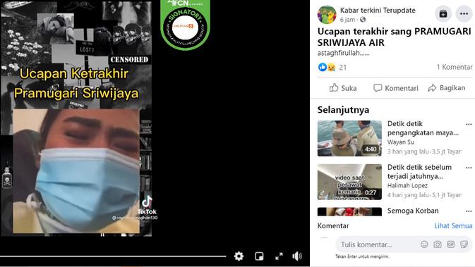 Cek Fakta Liputan6.com menelusuri klaim cuplikan video ucapan terakhir Pramugari Sriwijaya Air