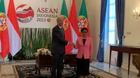 Pertemuan bilateral antara Menteri Luar Negeri RI Retno Marsudi dan Menteri Luar Negeri Portugal João Gomes Cravinho di Gedung Pancasila, Senin (24/7/2023). (Liputan6/Benedikta Miranti)