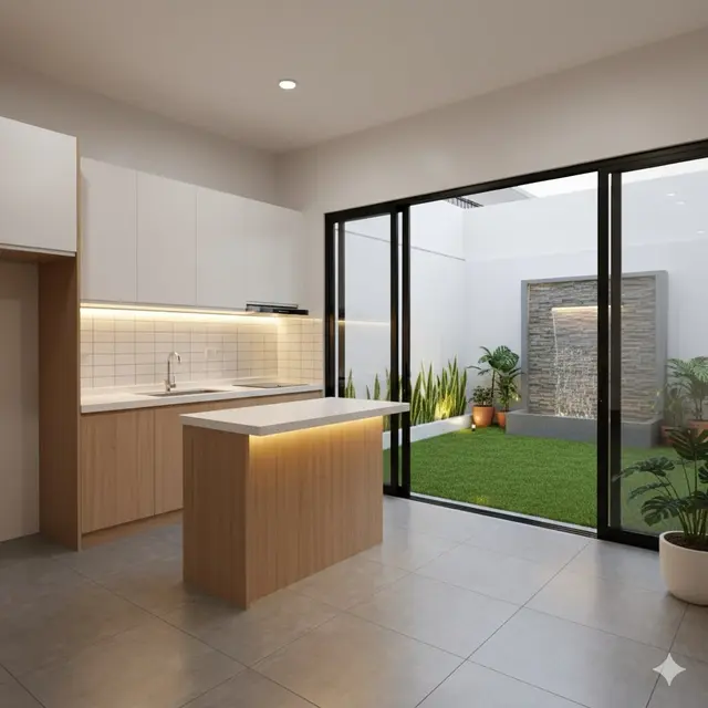 Dapur Minimalis dengan Taman Rumput Sintetis