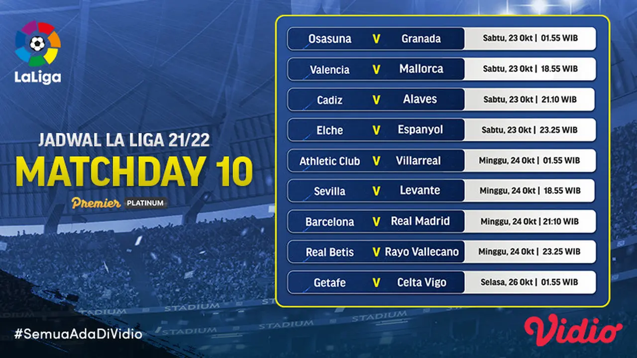 Jadwal dan Live Streaming Liga Spanyol Matchday 10 di Vidio Pekan Ini