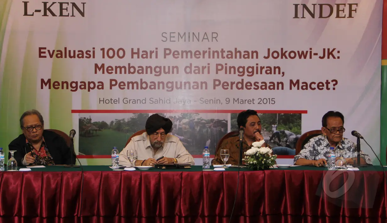 Sebuah seminar dengan tajuk "Evaluasi 100 Hari Pemerintahan Jokowi-JK. Membangun dari Pinggiran, Mengapa Pembangunan Perdesaan Macet?", digelar di Hotel Grand Sahid, Jakarta, Senin (9/3/2015). (Liputan6.com/Helmi Afandi)