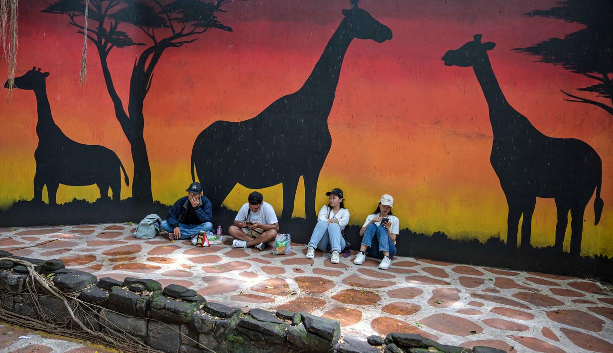 Salah satunya adalah pawai satwa yang akan digelar pada 27 Desember 2025 pukul 09.45-10.30 WIB di area Plaza Tengah Kebun Binatang Surabaya (KBS). Tampak dalam foto, pengunjung duduk di depan dinding yang dilukis dengan pemandangan matahari terbenam dari Taman Safari Maasai Mara di Kebun Binatang Surabaya, Jawa Timur, selama libur sekolah sekaligus jelang Natal dan Tahun Baru pada Minggu 21 Desember 2025. (JUNI KRISWANTO/AFP)