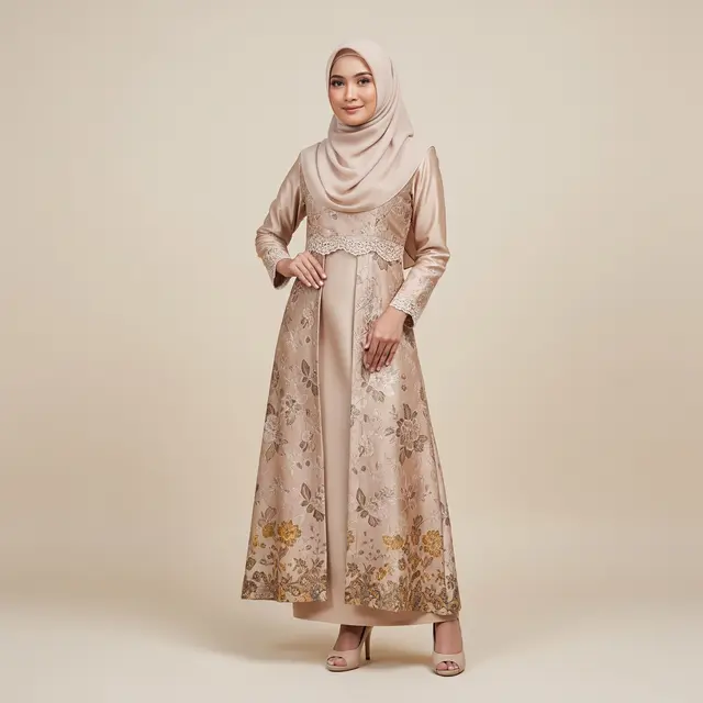 Gamis Batik Brokat Warna Champagne