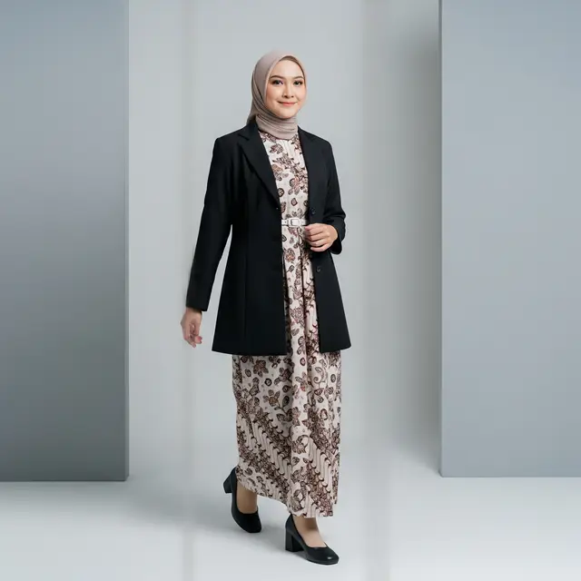 Gamis Batik dengan Blazer Polos Klasik