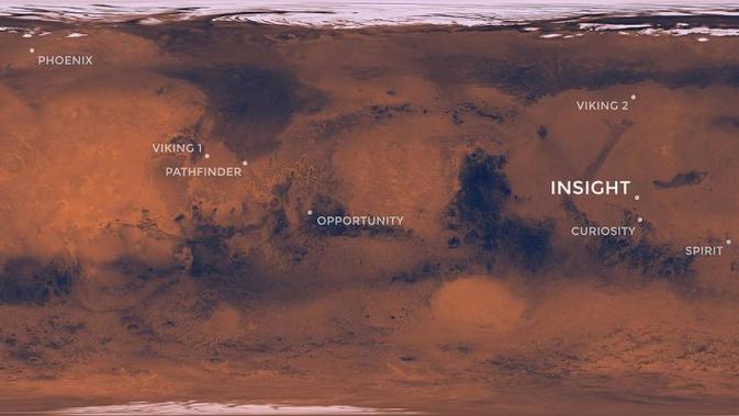 InSight berada di Elysium Planitia, permukaan datar dan rata yang berada di utara ekuator Mars. Situs ini hanya berjarak 370 mil (600 km) dari Kawah Gale, yang telah dijelajahi oleh rover Curiosity sejak Agustus 2012. (Dokumentasi NASA)