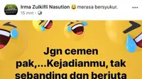 Postingan status istri Dandim 1417 Kendari di media sosial yang membuat suaminya dicopot dari jabatannya.(Liputan6.com/Ahmad Akbar Fua)