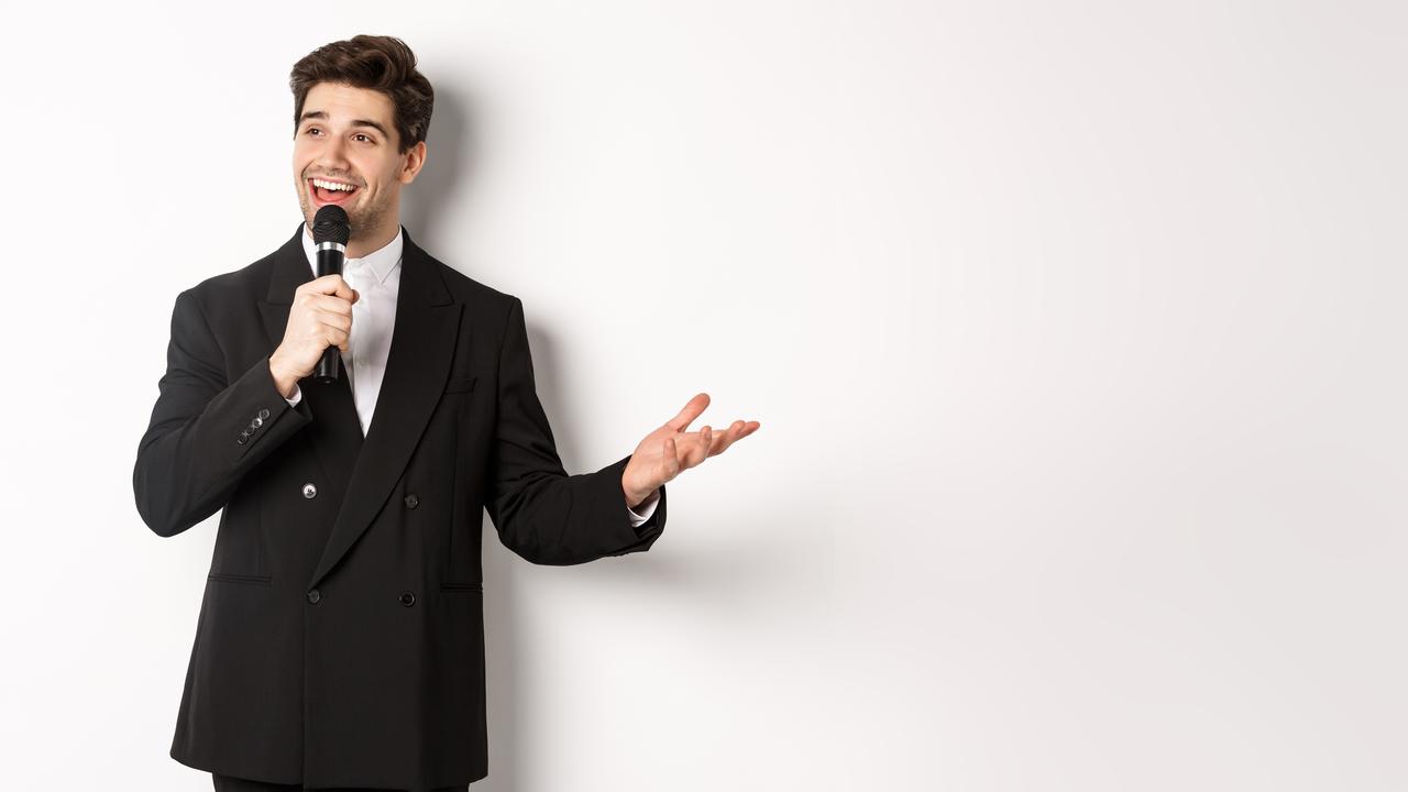 Ilustrasi pidato, sambutan, MC, presentasi