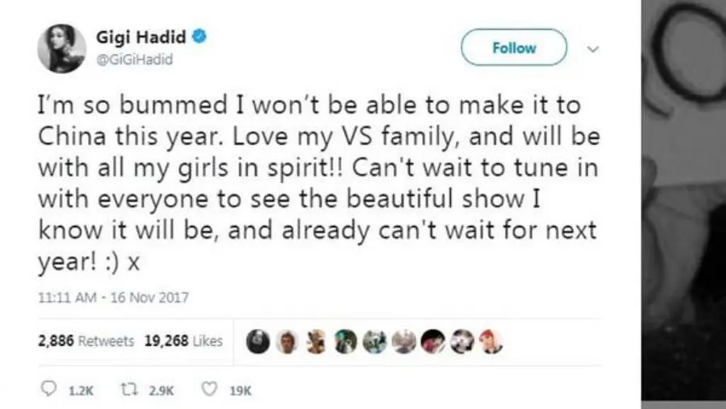 Gigi Hadid batal tampil di Victoria Secret Fashion Show 2017 karena video rasis (twitter/@GiGiHadid)