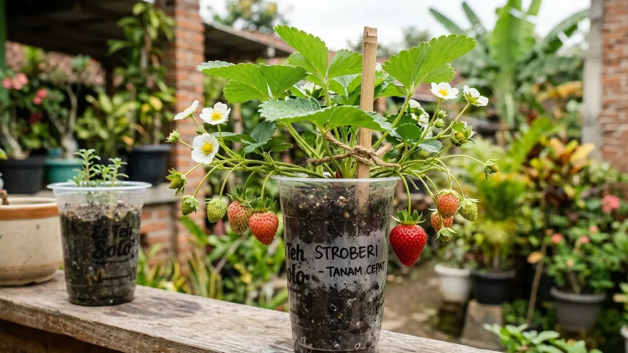 Stroberi di Gelas Plastik Gemini AI