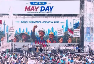 Presiden Prabowo Subianto saat pidato Hari Buruh atau May Day 2026 di Monas, Jumat (1/5/2026). (Tangkapan Layar YouTube Sekretariat Presiden)