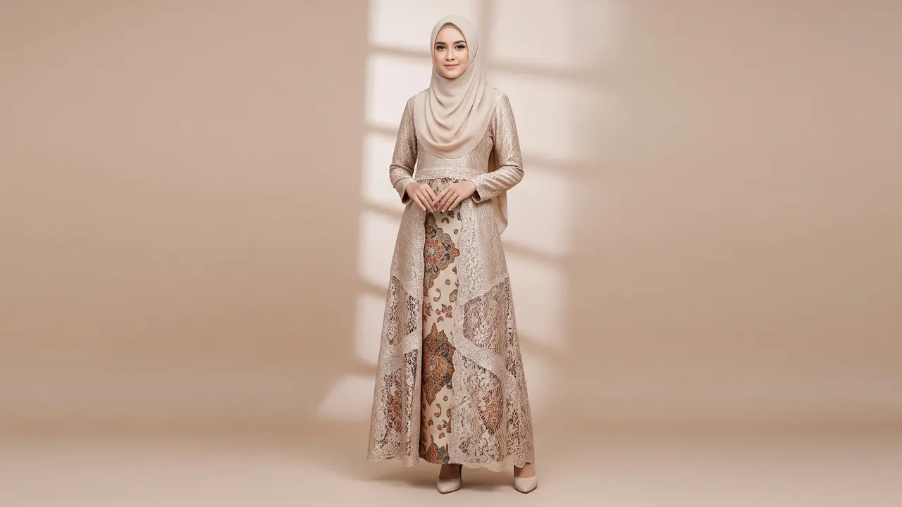 Gamis Batik Brokat Warna Champagne