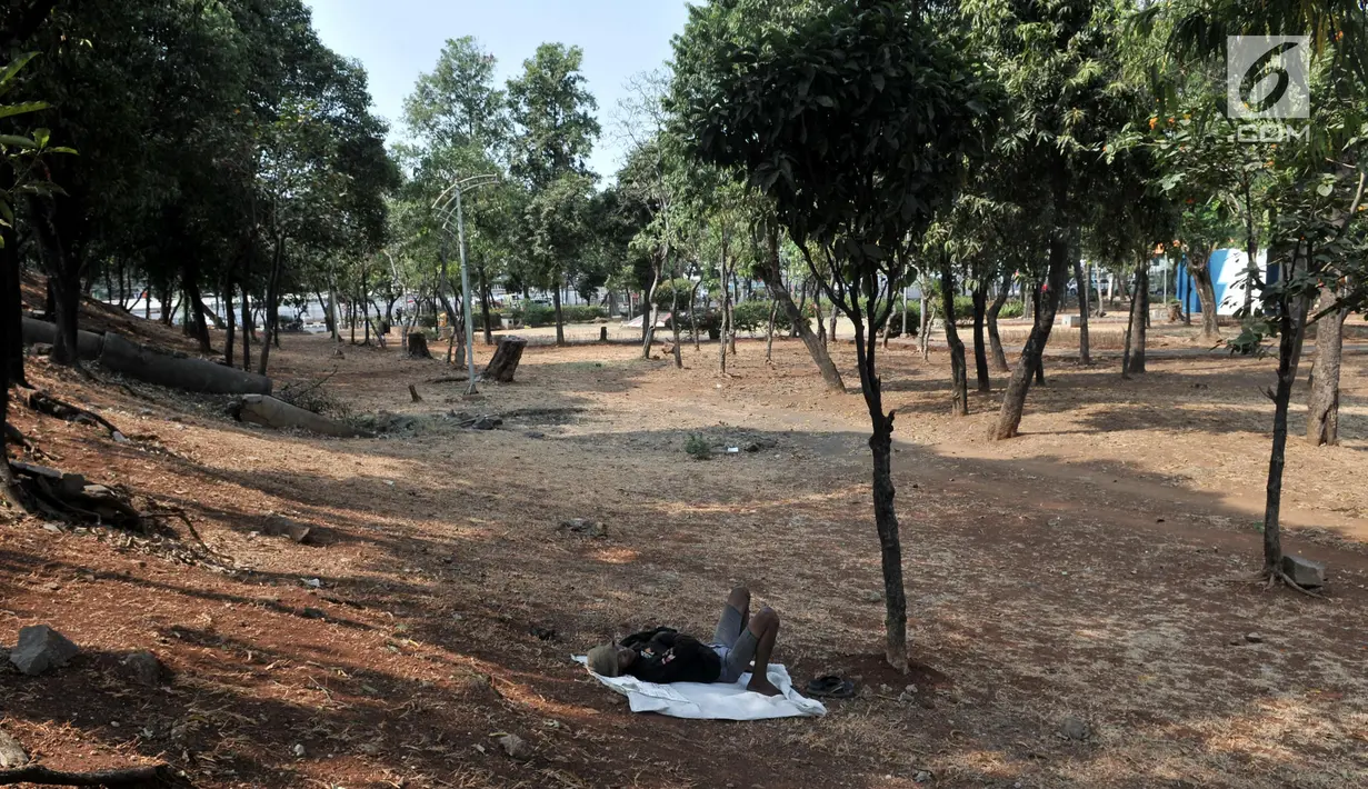 PMKS terlihat tidur di salah satu sisi Taman Jatinegara, Jakarta, Senin (16/9/2019). Kondisi ini membuat taman tersebut sepi pengunjung karena lebih banyak dihuni oleh PMKS dan pengamen. (merdeka.com/Iqbal S. Nugroho)